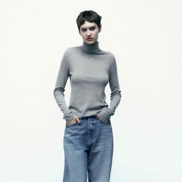 Zara Women Gray Long Sleeves Turtleneck Wool Blend Cozy Pull Over Top Sz M - Picture 1 of 14